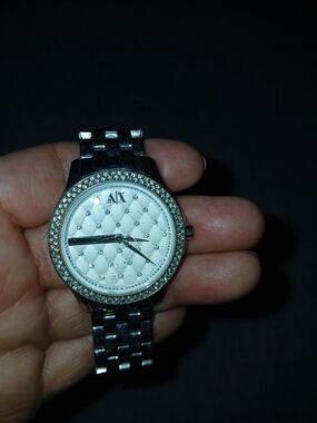 Armani Exchange Silver and White Quilted Dial Crystal Bezel Watch